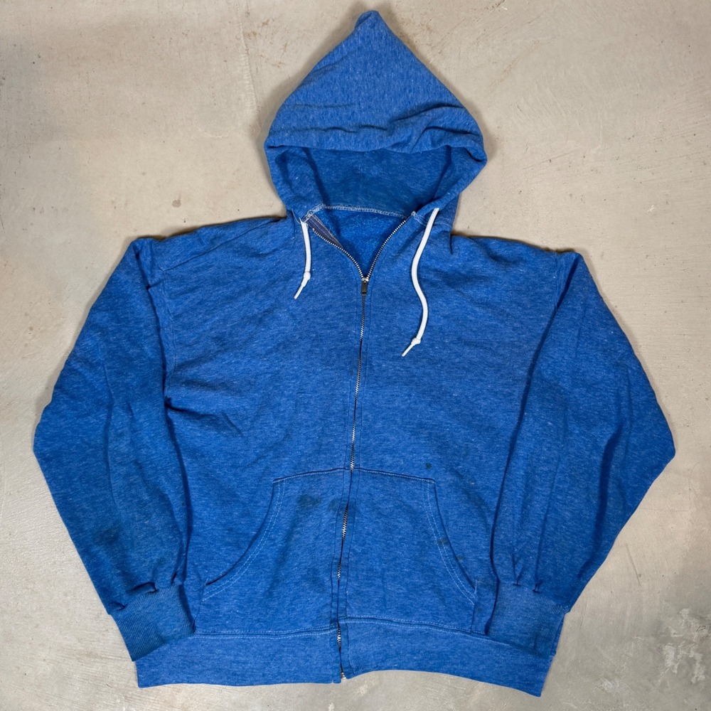 Vintage 70s 80s Blank Zip Up Hoodie Heather Blue YKK Zipper Mens L 22x23